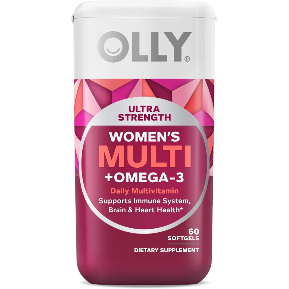 OLLY Ultra Women's Multivitamin 60 softgels front view white bottle with pink and purple geometric design