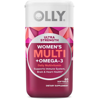 OLLY Ultra Women's Multivitamin 60 softgels front view white bottle with pink and purple geometric design