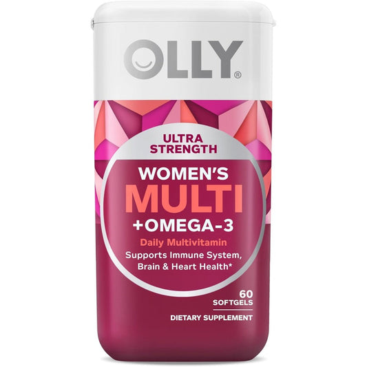 OLLY Ultra Women's Multivitamin 60 softgels front view white bottle with pink and purple geometric design