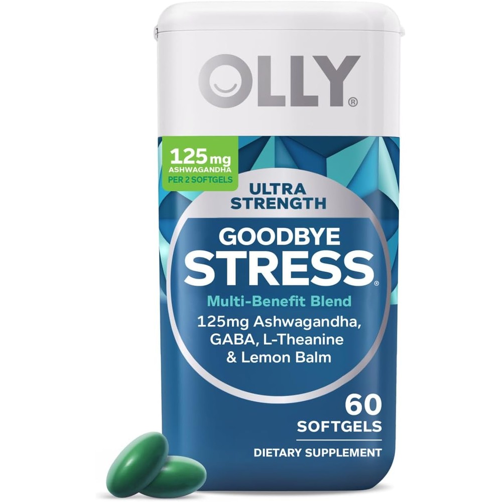 OLLY Ultra Strength Goodbye Stress Softgels front view bottle for stress relief supplement India