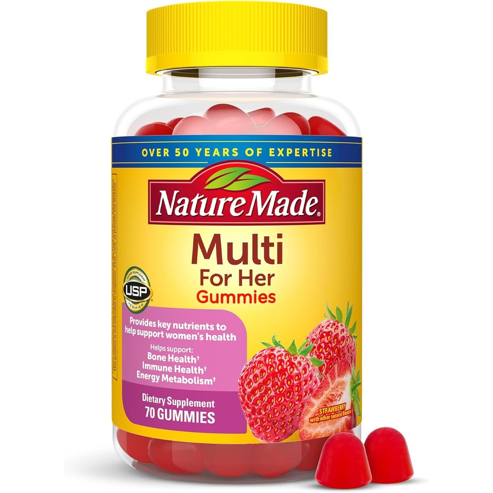 Nature Made Womens Multivitamin Strawberry Gummies front view bottle for daily nutritional support.