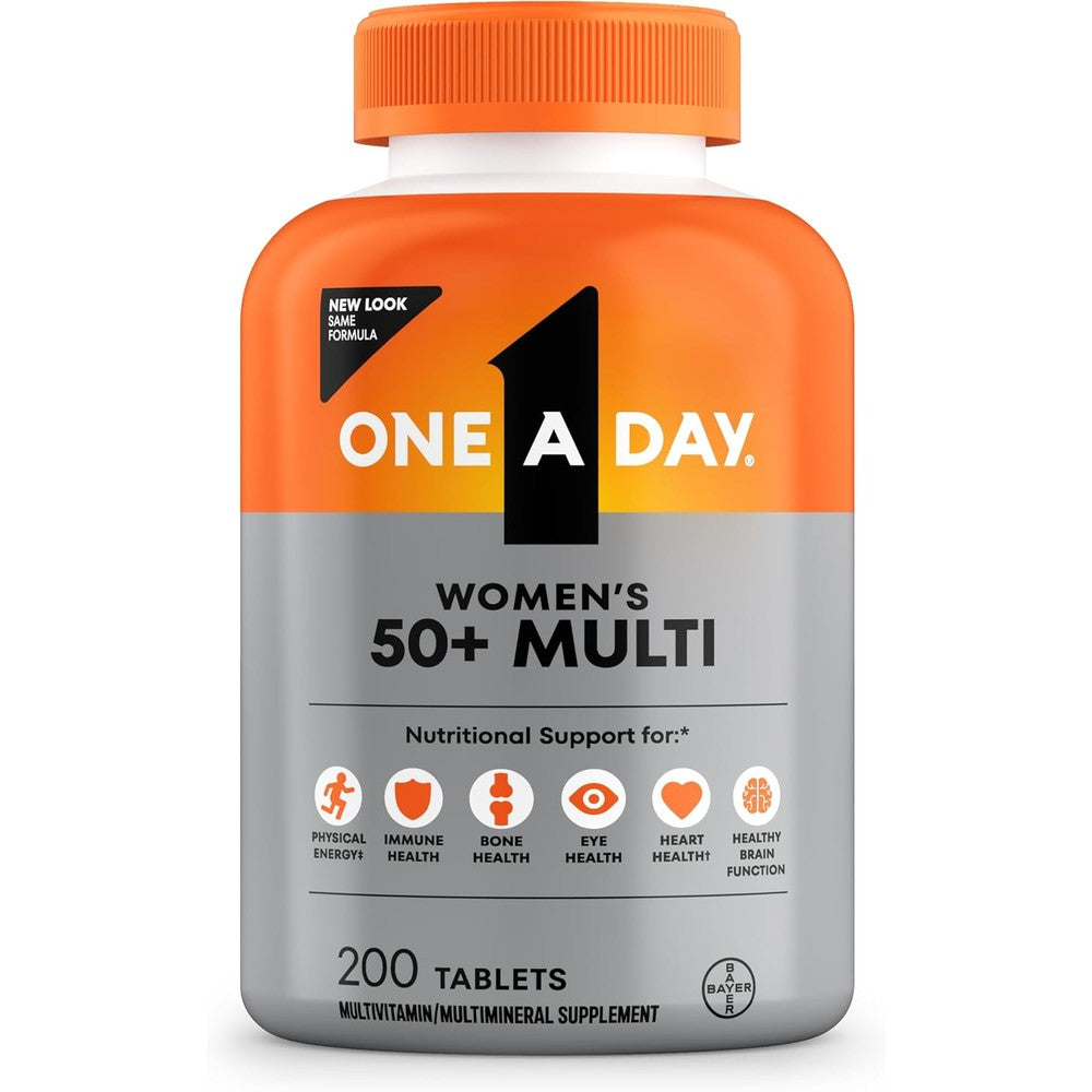 One A Day Womens 50 Plus Multivitamin 200 Tablets front view bottle showing premium health supplement packaging