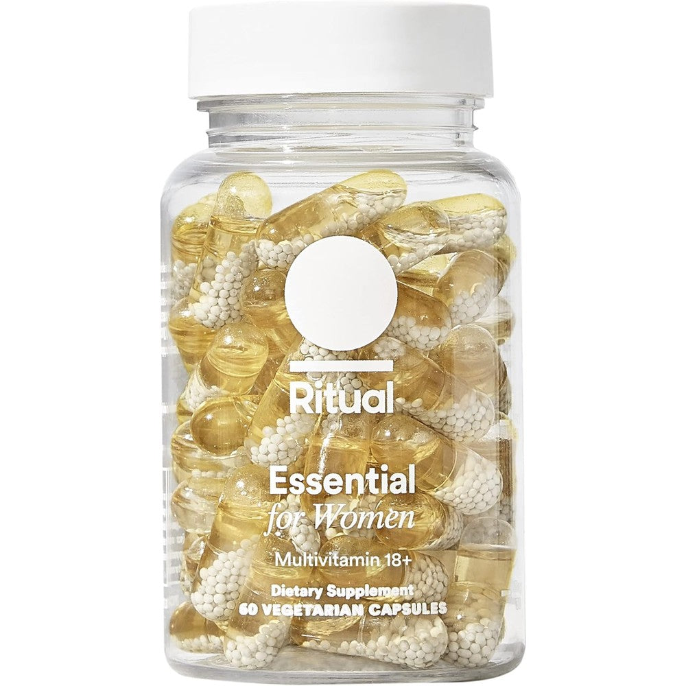 Ritual Essential for Women 18 plus multivitamin bottle front view showing clean beadlet in oil capsules