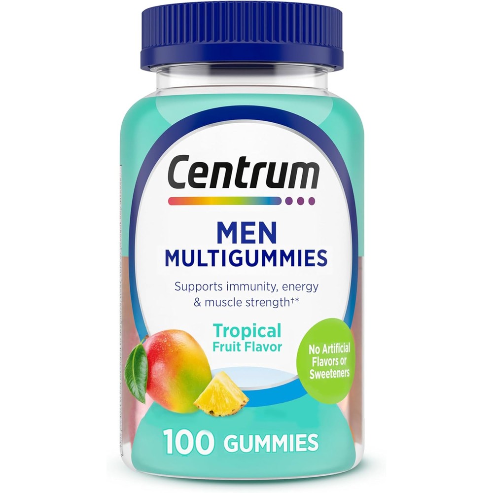 Centrum Men Multivitamin Gummies 100 Count front bottle layout showing tropical fruit flavors and benefits.
