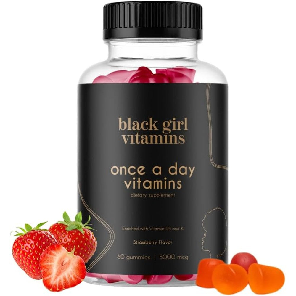 Black Girl Vitamins Once a Day Womens Multivitamin 60 Gummies front bottle view showing strawberry flavor details.