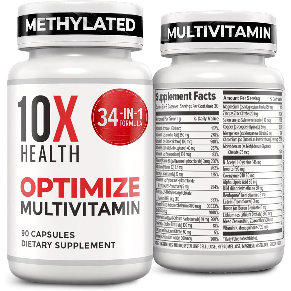 10X Health System Optimize Methylated Multivitamin front view bottle showcasing genuine USA imported daily supplements label.