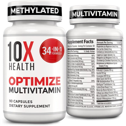 10X Health System Optimize Methylated Multivitamin front view bottle showcasing genuine USA imported daily supplements label.