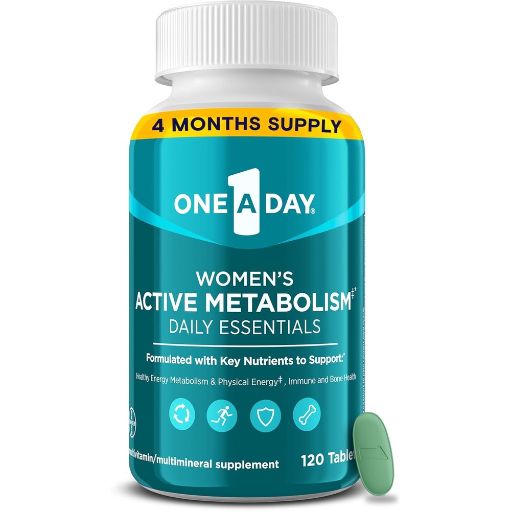 One A Day Women's Active Metabolism Multivitamin front view of the authentic blue bottle showing 120 tablets packaging.