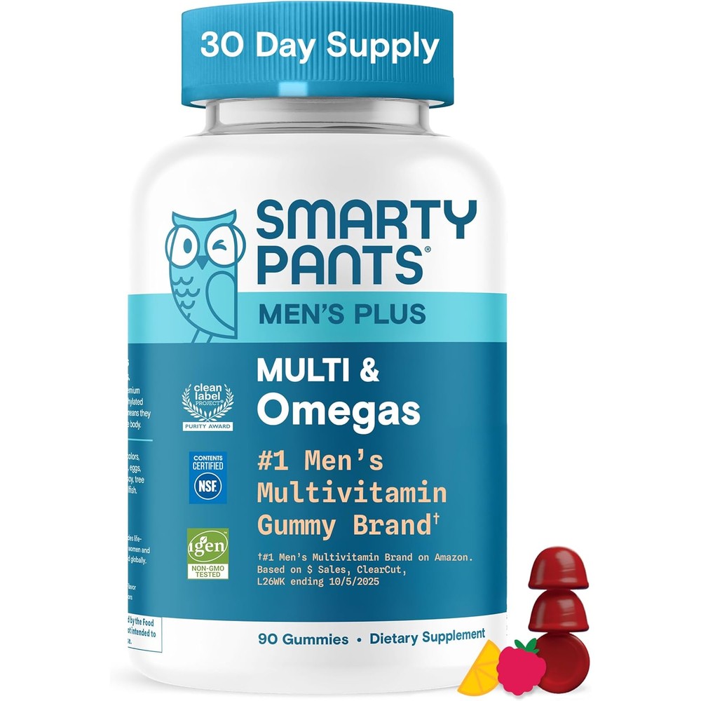 SmartyPants Men Multivitamin Gummies 90 count front view showing raspberry lemonade flavor