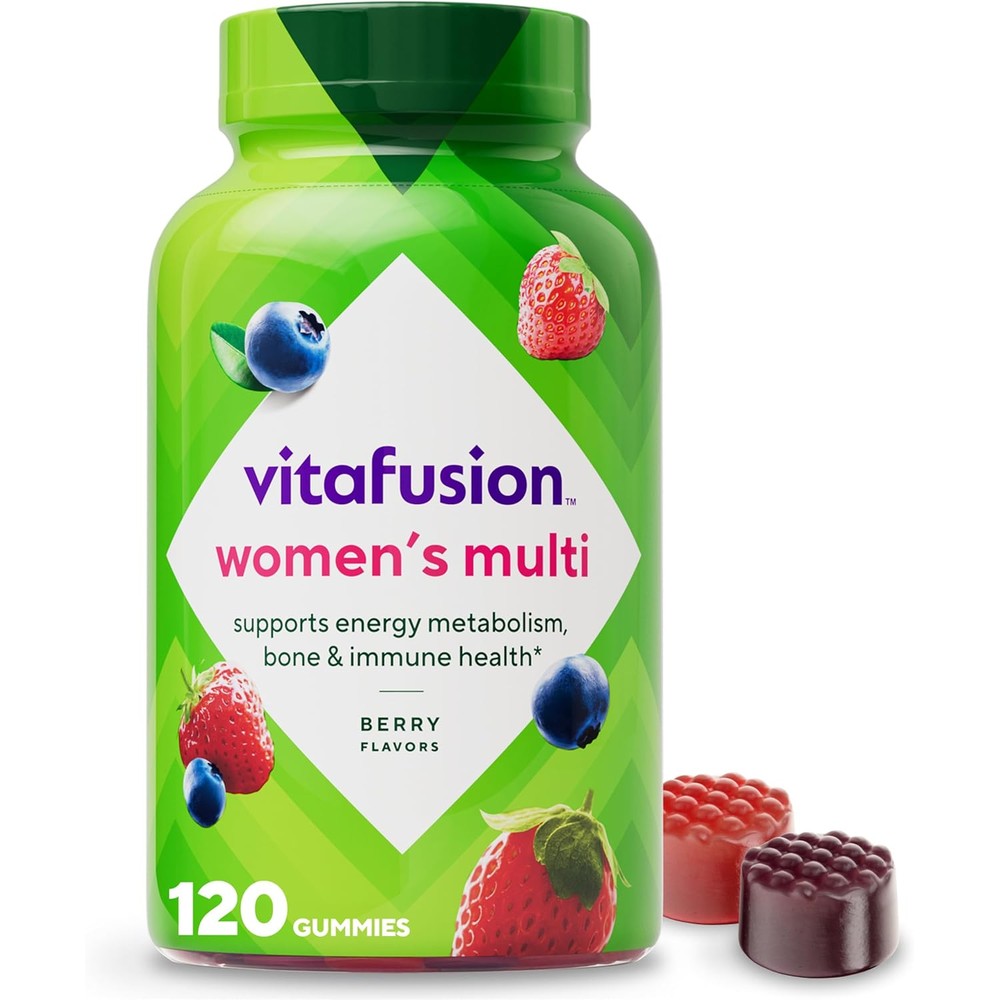 Vitafusion Womens Multivitamin Gummies 120 Count front view bottle showing berry flavor illustration