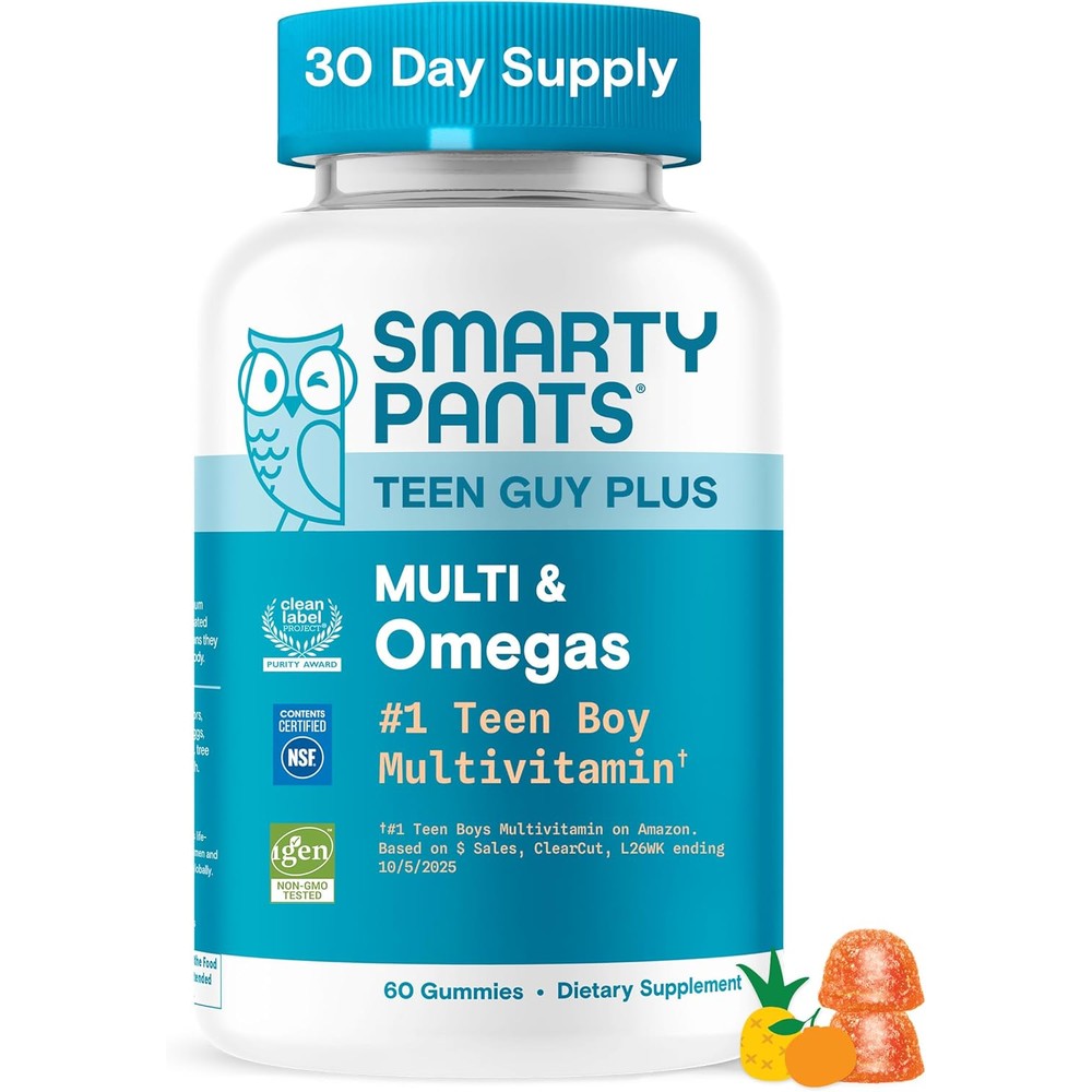 SmartyPants Teen Guy Plus Multivitamin and Omegas sixty gummies front bottle view.