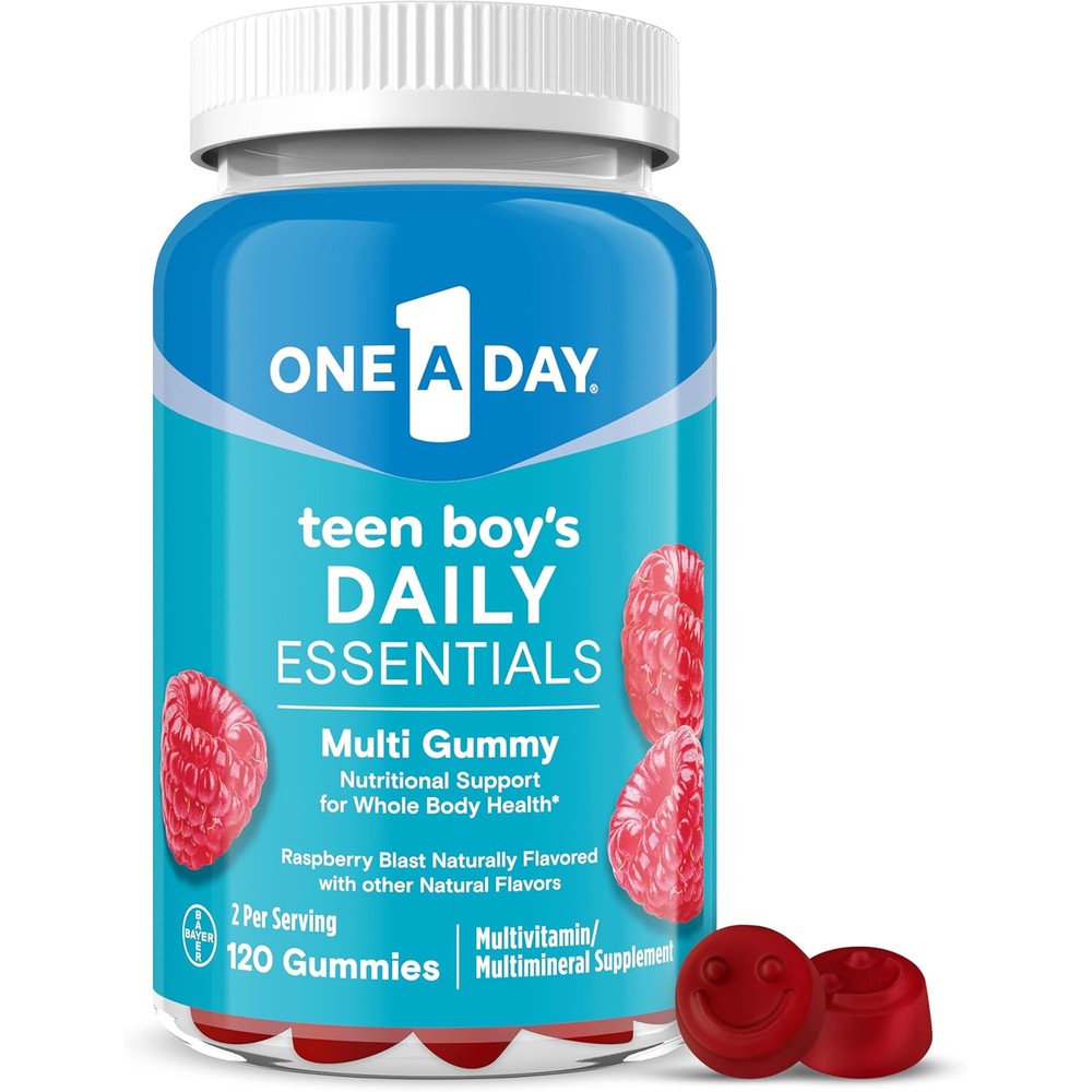 One A Day Teen Boy Daily Essentials Multivitamin 120 Gummies front bottle view showing raspberry flavor.