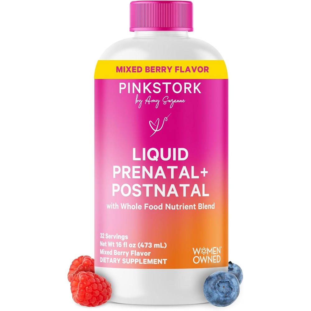 Pink Stork liquid prenatal vitamins front view bottle packaging