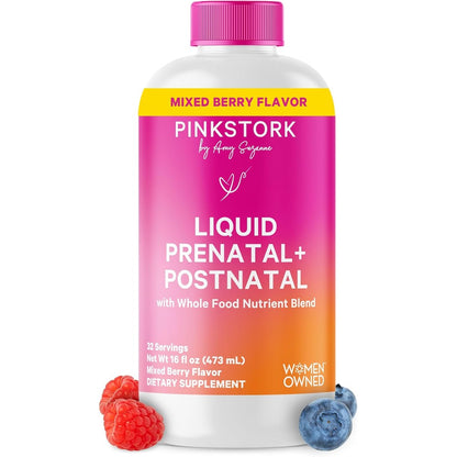 Pink Stork Liquid Prenatal Vitamins bottle, berry flavored, 16 fl oz, prenatal and postnatal nutrition