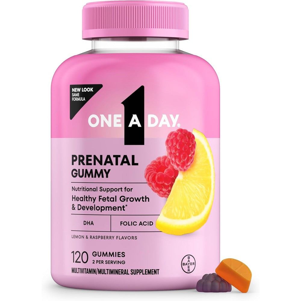 One A Day Women's Prenatal Multivitamin Gummies front view of pink bottle packaging