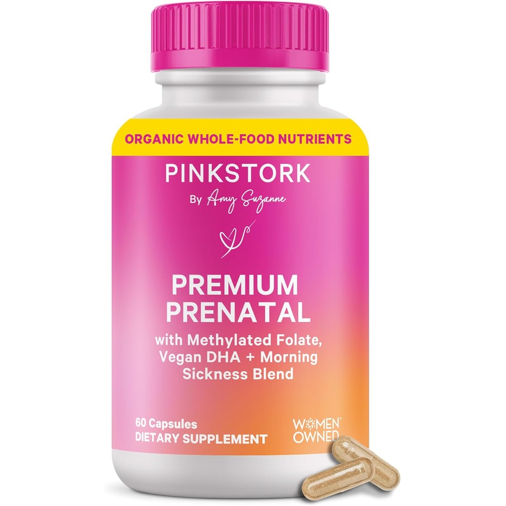 Pink Stork Premium Prenatal Vitamins bottle front view showing 60 vegetarian capsules