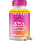 Pink Stork Premium Prenatal Vitamins bottle front view showing 60 vegetarian capsules