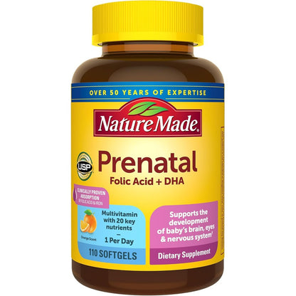 Nature Made Prenatal Vitamin With Folic Acid And DHA 110 Softgels front view