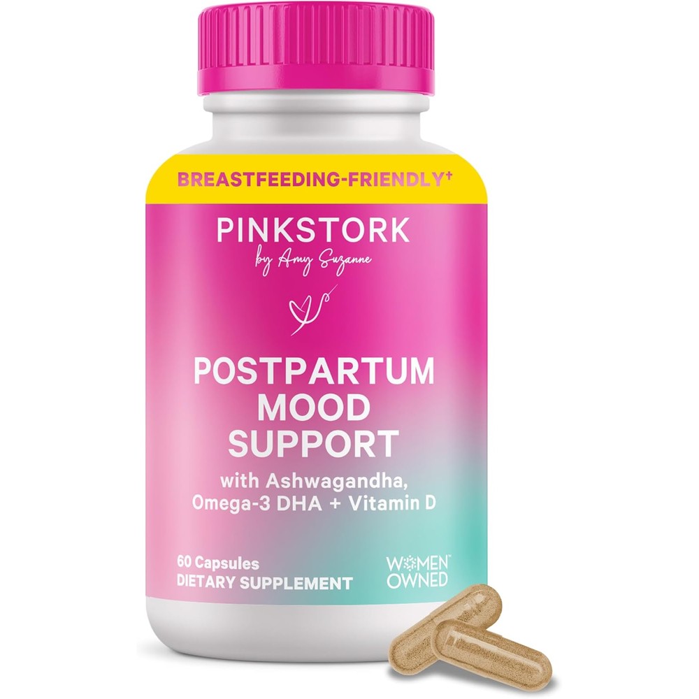 Pink Stork Postpartum Mood Support front view supplement bottle