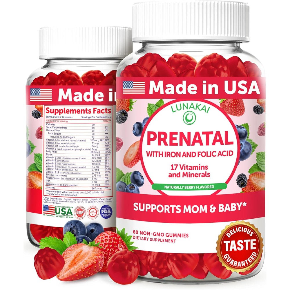 Lunakai prenatal gummies front view bottle with wild berry flavor label