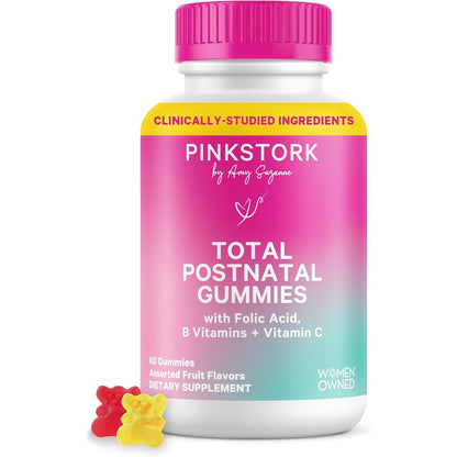 Pink Stork Total Postnatal Multivitamin Gummies front view in bottle