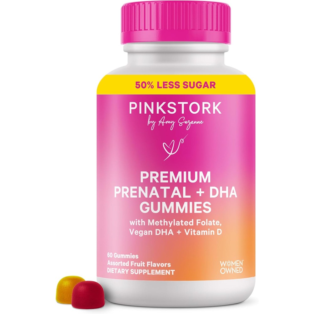 Pink Stork prenatal gummy vitamins front view of bottle packaging