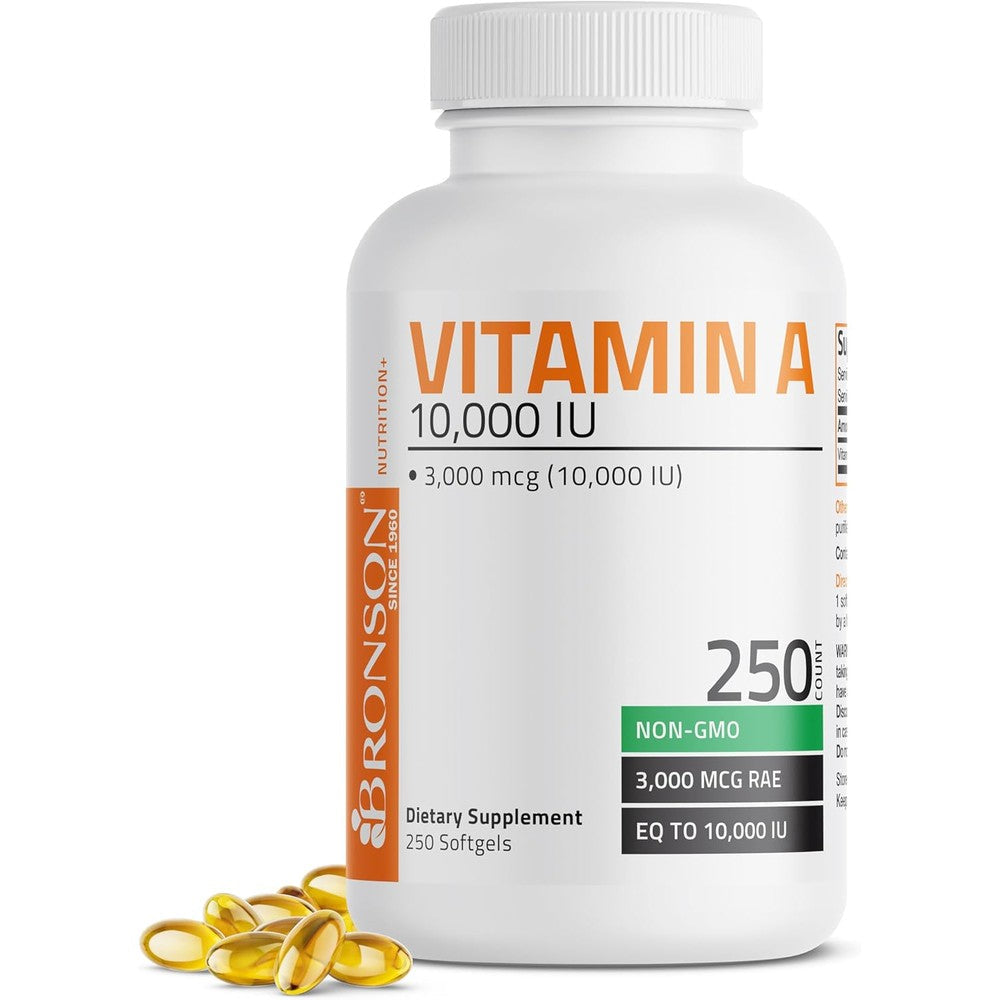 Bronson Vitamin A 10000 IU 250 Softgels Front View Authentic Supplement