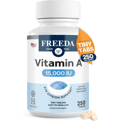 Freeda Vitamin A 15,000 IU bottle front view for eye and skin support.