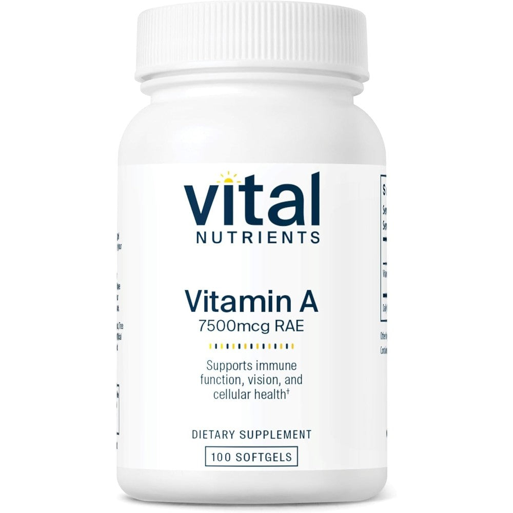 Vital Nutrients Vitamin A 7500mcg 100 Softgels front bottle view dietary supplement