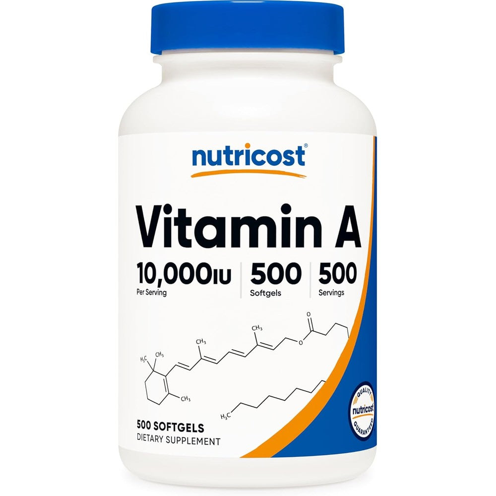 Nutricost Vitamin A 10000 IU 500 Softgel Capsules front bottle view