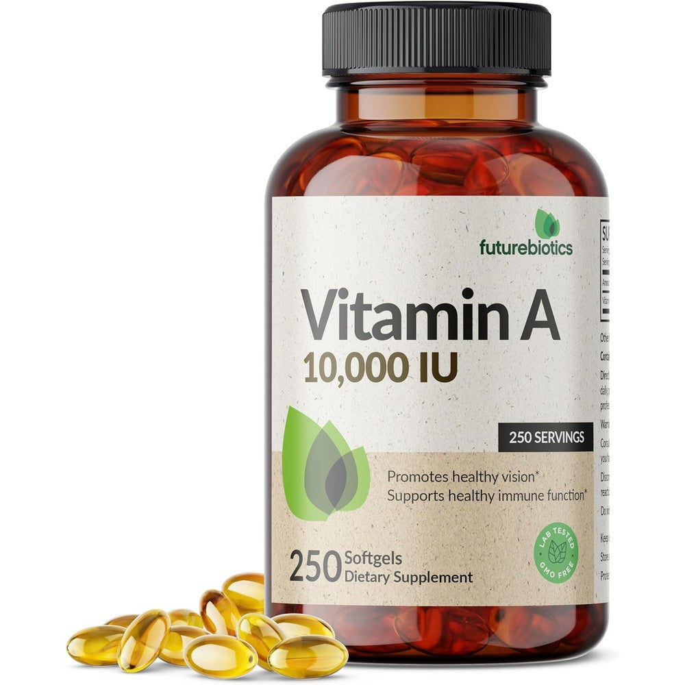 Futurebiotics Vitamin A 10,000 IU front view packaging bottle with softgels