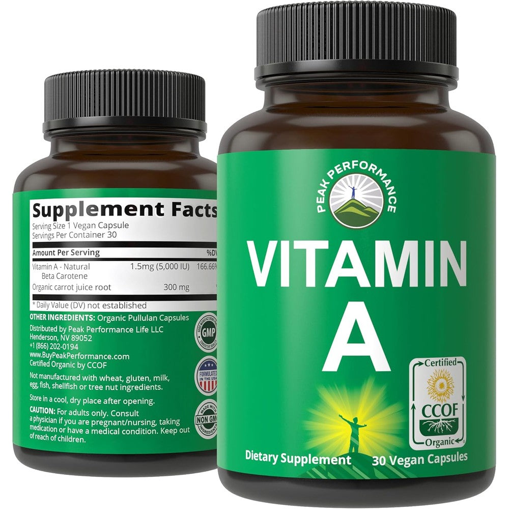 Peak Performance Organic Vitamin A 5000 IU bottle front view daily dietary supplement