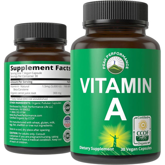 Peak Performance Organic Vitamin A 5000 IU supplement bottle front view