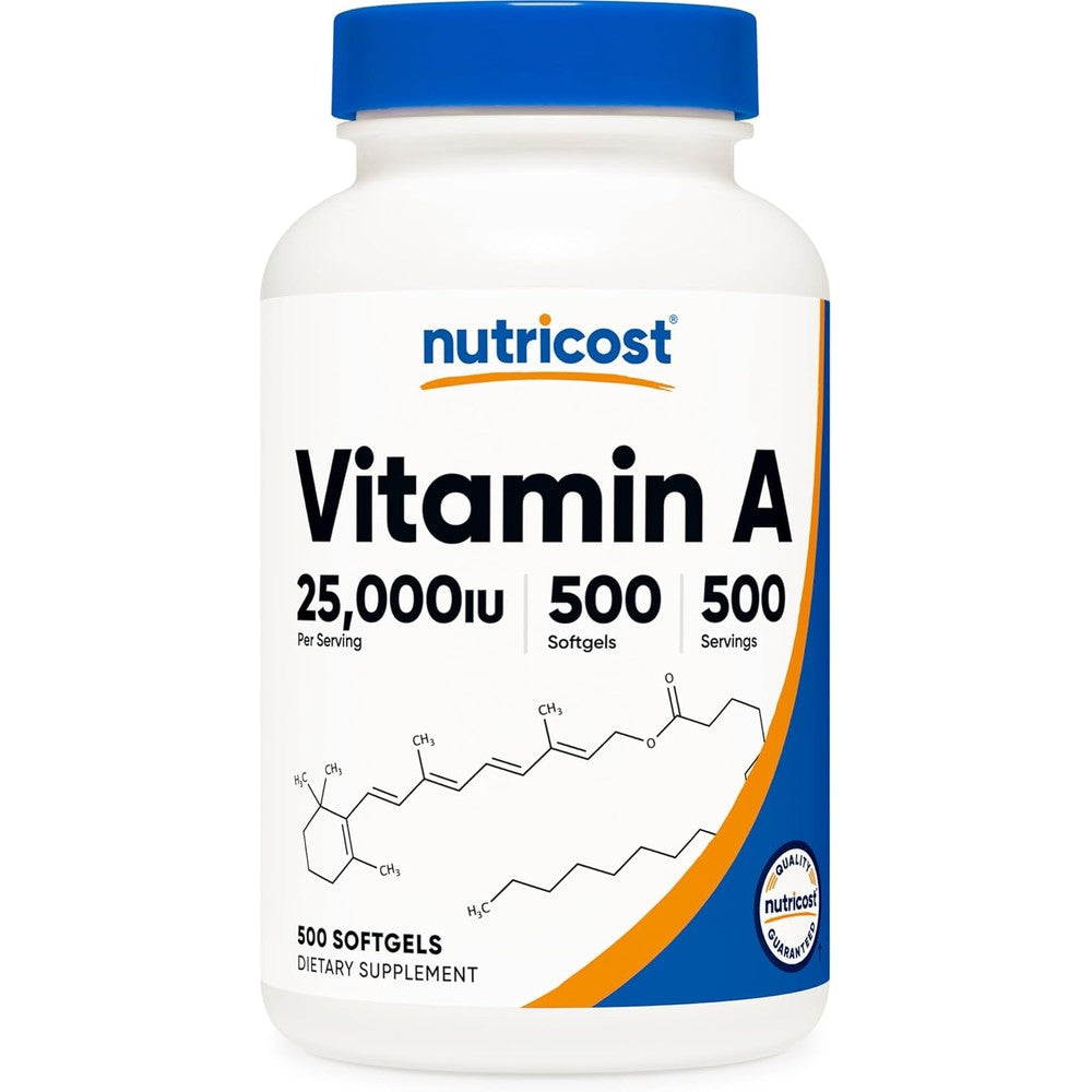 Nutricost Vitamin A 25000 IU 500 Softgels front view bottle