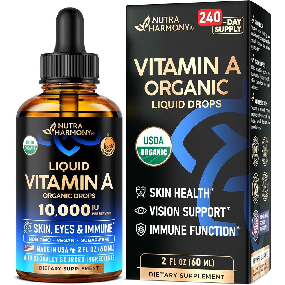 NutraHarmony Organic Vitamin A liquid drops front view bottle and box