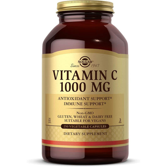 Solgar Vitamin C 1000 mg front view amber glass bottle immune support supplement