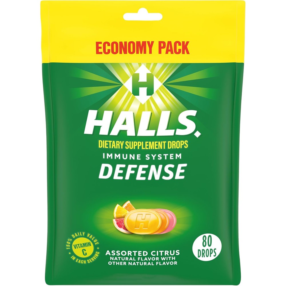 Halls Defense Assorted Citrus Vitamin C Drops front view economy pack