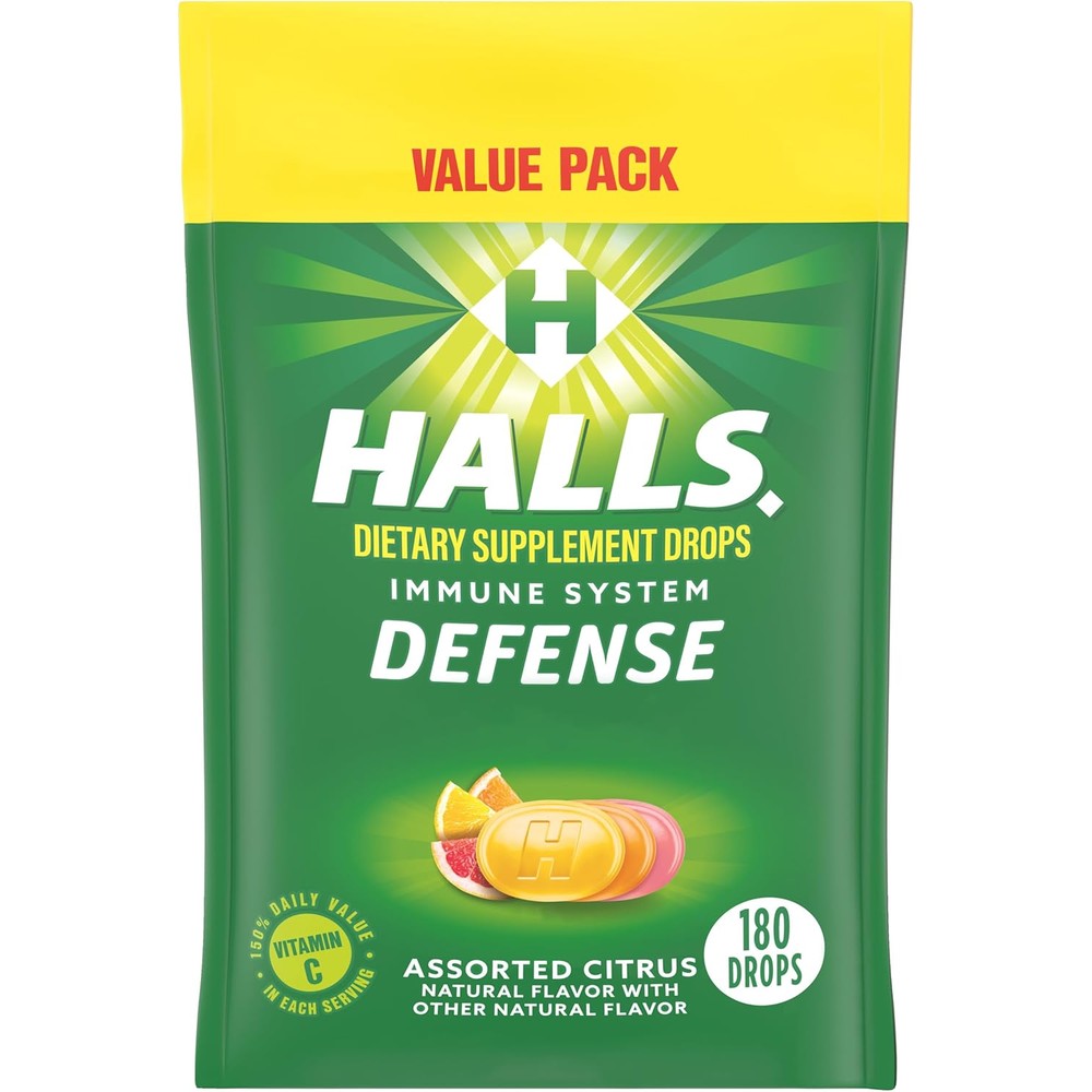 Halls Defense vitamin C assorted citrus drops front view packaging