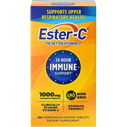 Ester-C Vitamin C 1000 mg 120 coated tablets front view packaging showing 24 hour immune support benefit