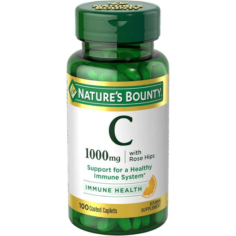 Nature's Bounty Vitamin C 1000mg with Rose Hips 100 caplets front bottle view for immune support
