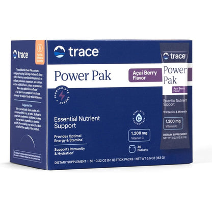 Trace Minerals Power Pak Electrolyte Powder Acai Berry front view dietary supplement packaging.
