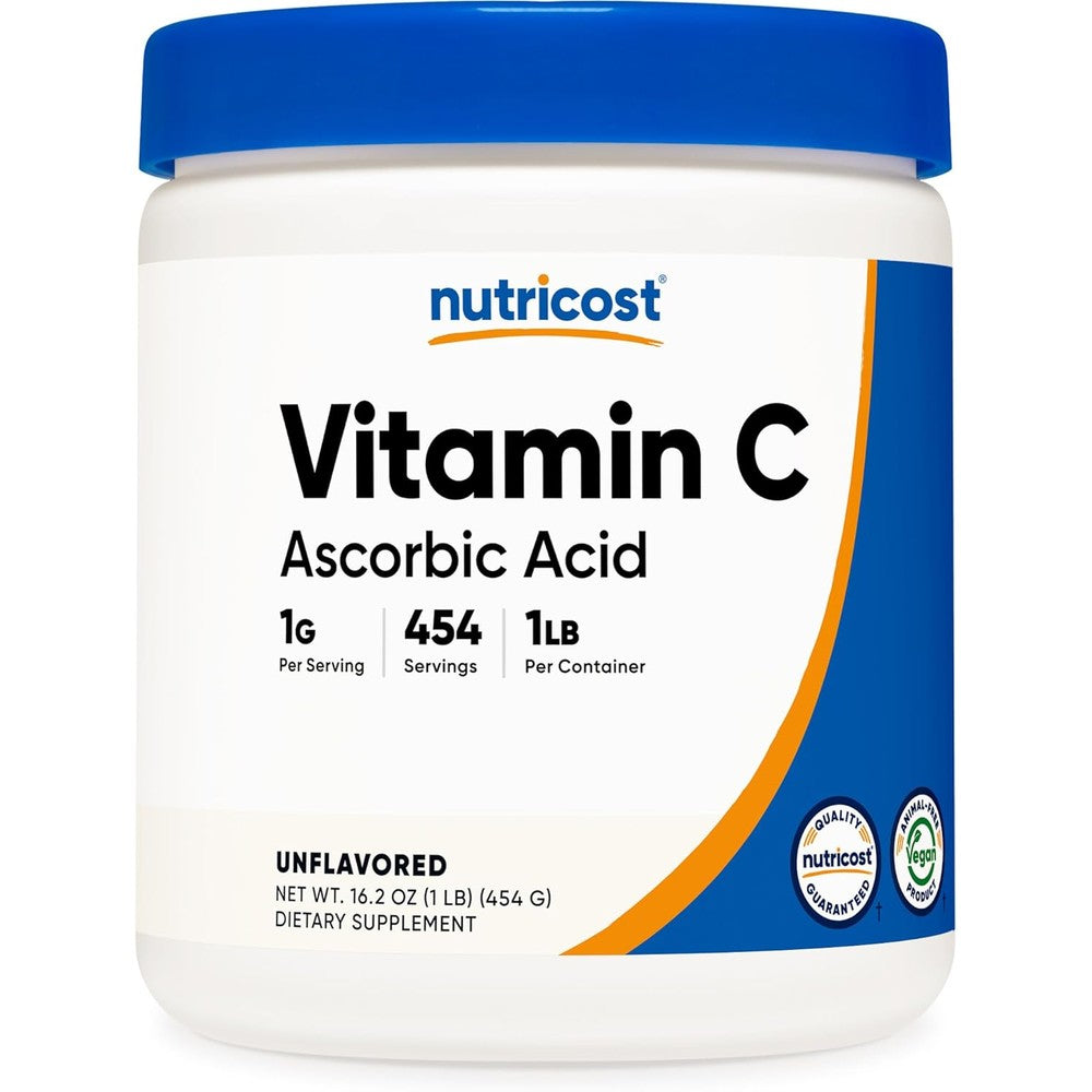 Nutricost Pure Vitamin C Ascorbic Acid Powder 16.2 Ounces front label view