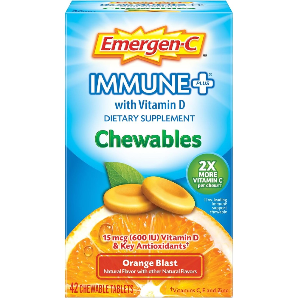 Emergen-C Immune Plus Vitamin C chewable tablets front view product bottle package