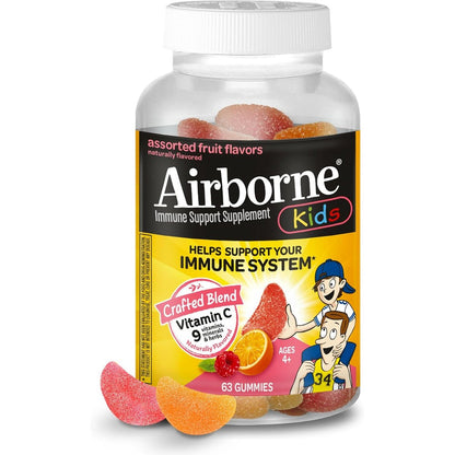 Airborne Kids Vitamin C Immune Support Gummies front bottle view for children daily wellness.