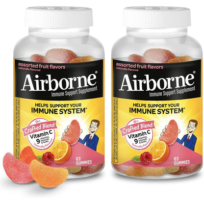 Airborne Vitamin C 750 mg Gummies 126 count bottle front view showing assorted fruit flavors daily immune support supplement