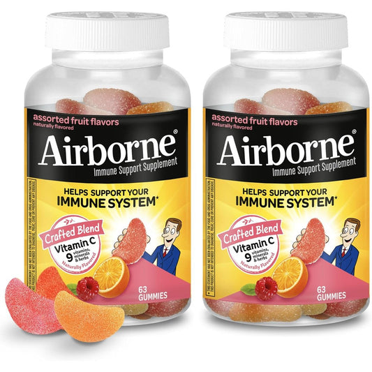 Airborne Vitamin C 750 mg Gummies 126 count bottle front view showing assorted fruit flavors daily immune support supplement