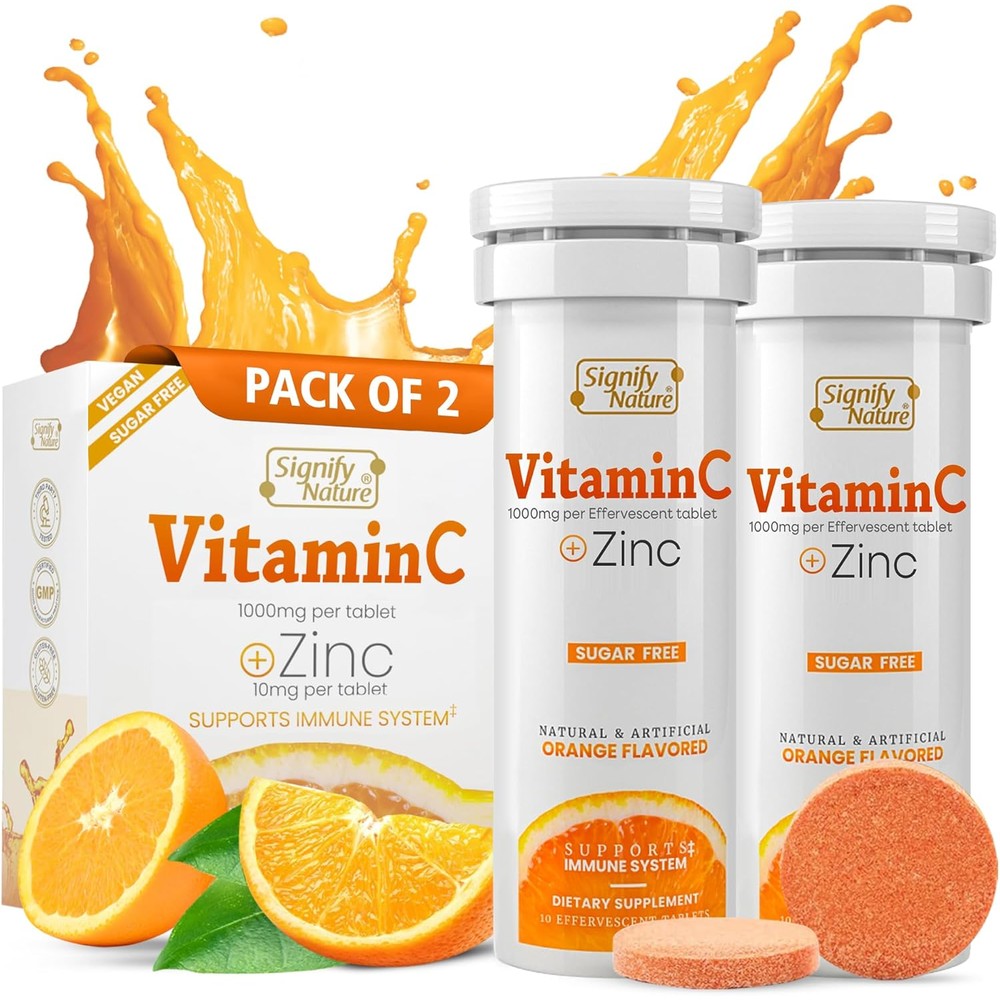 Signify Nature Vitamin C 1000mg Effervescent Tablets front packaging showing orange flavor immune supplement.