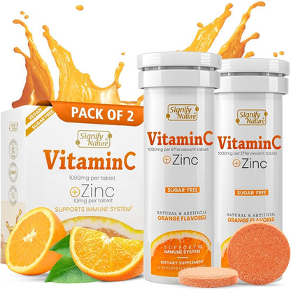 Signify Nature Vitamin C 1000mg Effervescent Tablets front packaging showing orange flavor immune supplement.