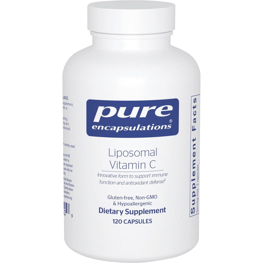 Pure Encapsulations Liposomal Vitamin C front bottle view showcasing 120 vegan capsules and branding.