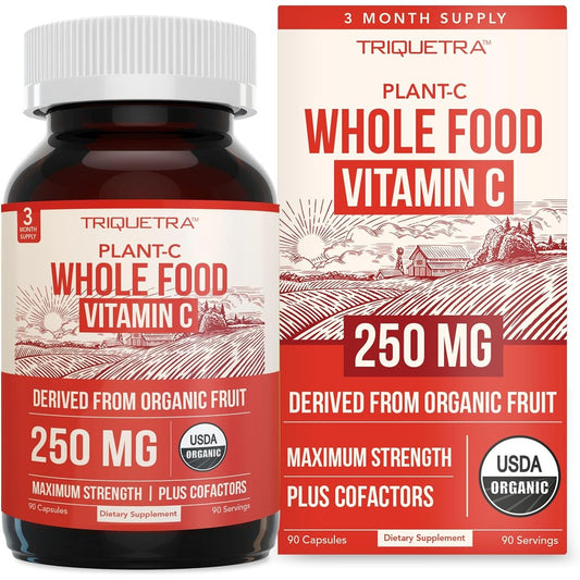 Triquetra Health Organic Vitamin C front view of bottle showcasing whole food vegan capsules.